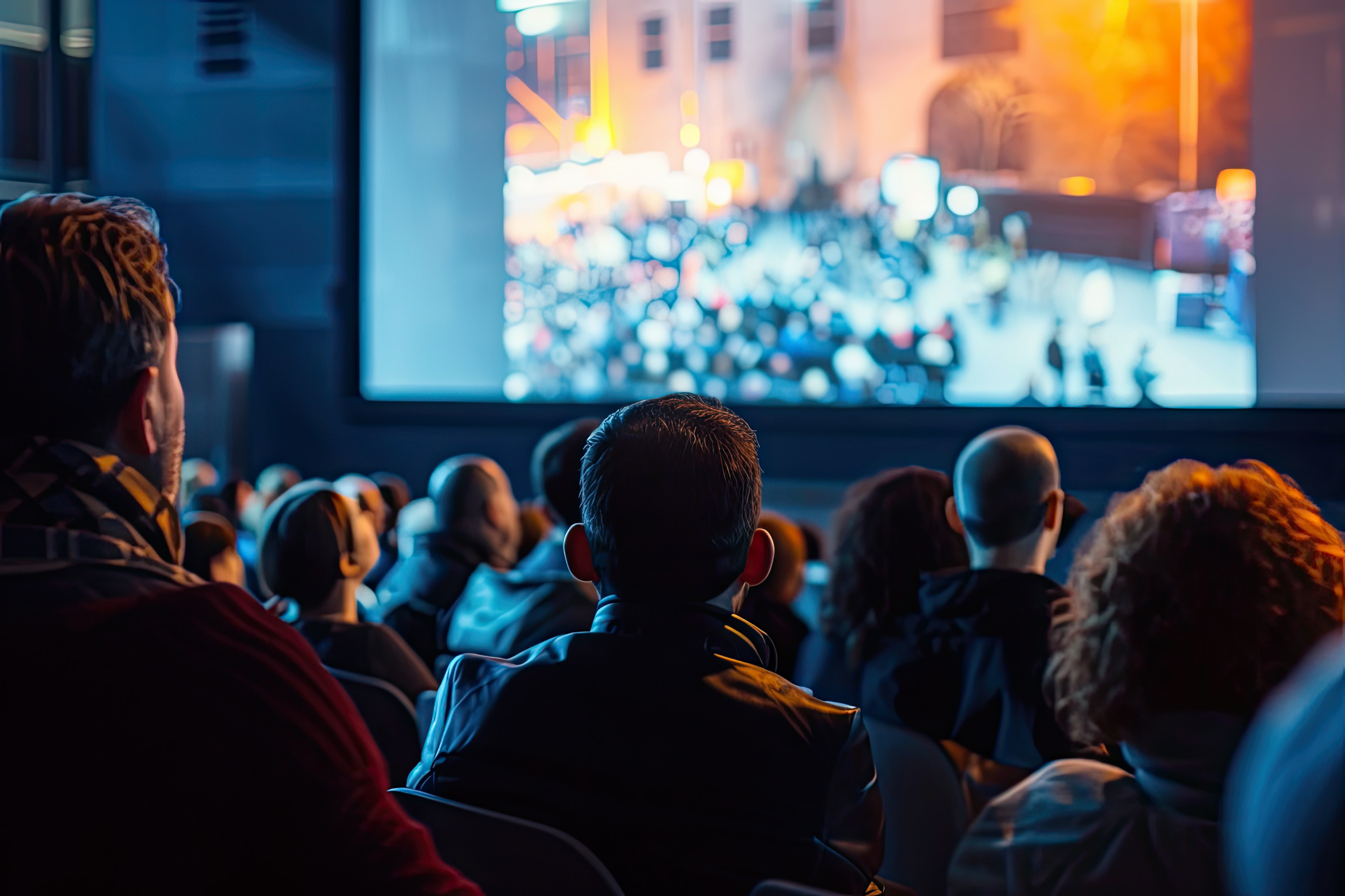 a group of people watching a lecturer present on screen